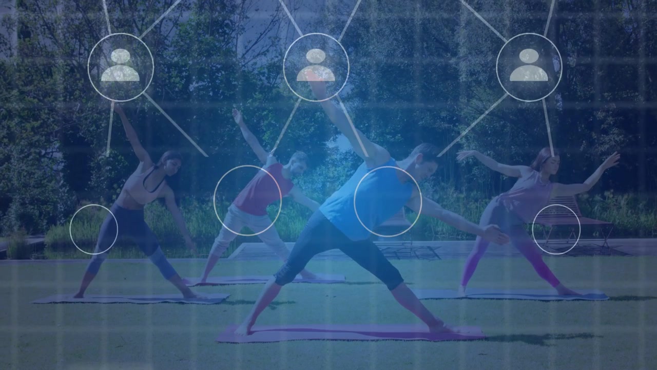 Lead coach holding pose in park node rising above growing into network joining mats showing fitness