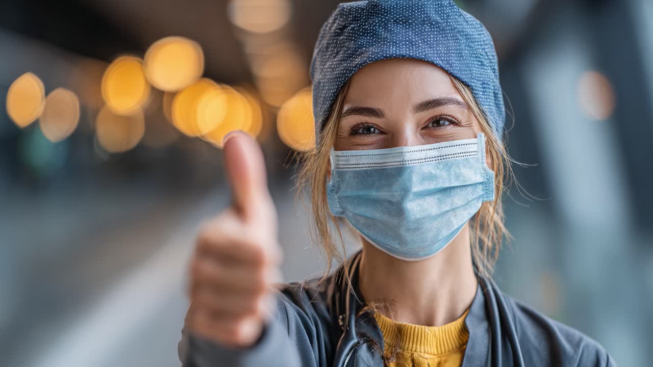 A confident healthcare worker smiles and gives a thumbs-up gesture while wearing a protective mask and a blue cap, showcasing positivity and professionalism in a clinical environment