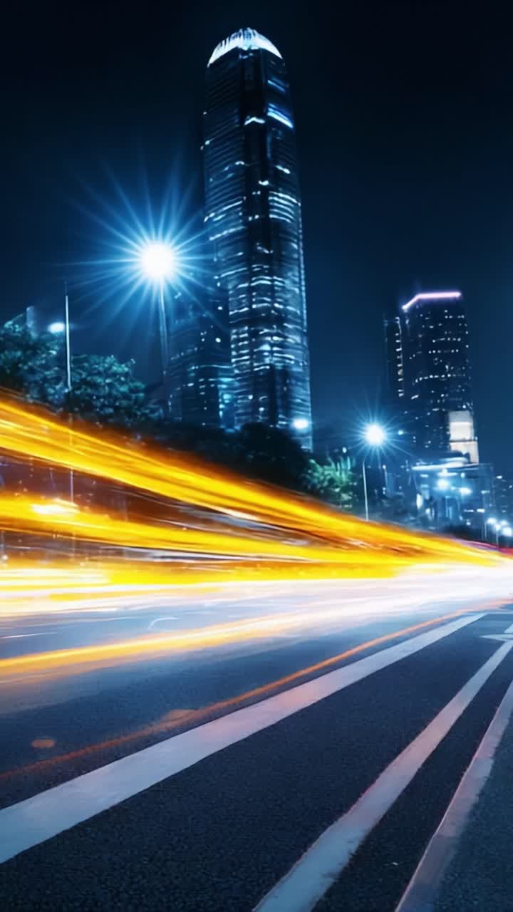 Scena urbana notturna con scie dinamiche di luci di traffico e grattacieli illuminati dalle luci della città in una metropoli moderna
