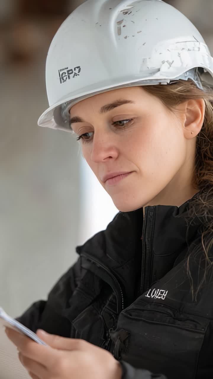 Professionista edile concentrato che studia i progetti con attenzione, indossando dispositivi di sicurezza sul luogo di lavoro e dimostrando impegno e competenza nelle attività di ingegneria