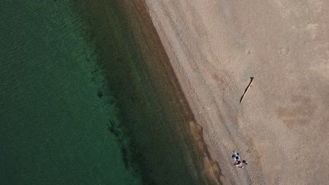 drone vista de arriba hacia abajo de la gente en la costa del mar en llançà, un pequeño pueblo en empordà, cataluña, españa