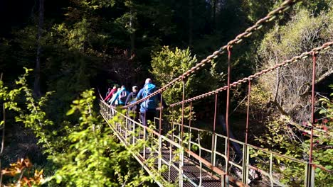 group of hikers with big  backpacks going through metal suspension bridge.  there is  green forest in both sides of bridge. wild nature. it's bright sunny day.slow motion. camera pans to the right.