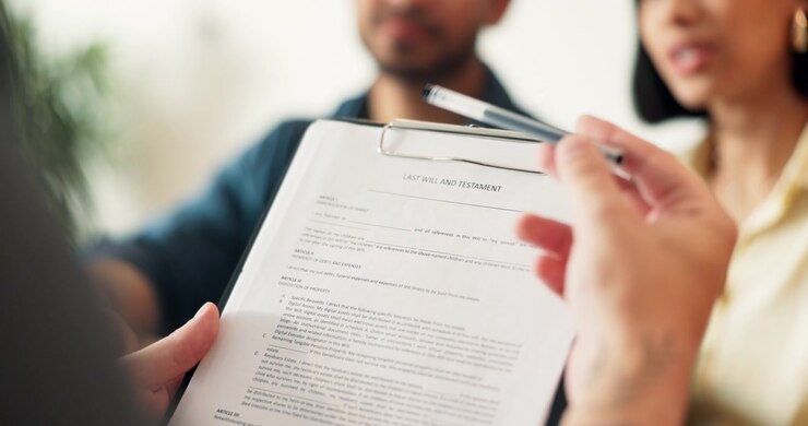 Lawyer Explaining Last Will and Testament Document to Couple