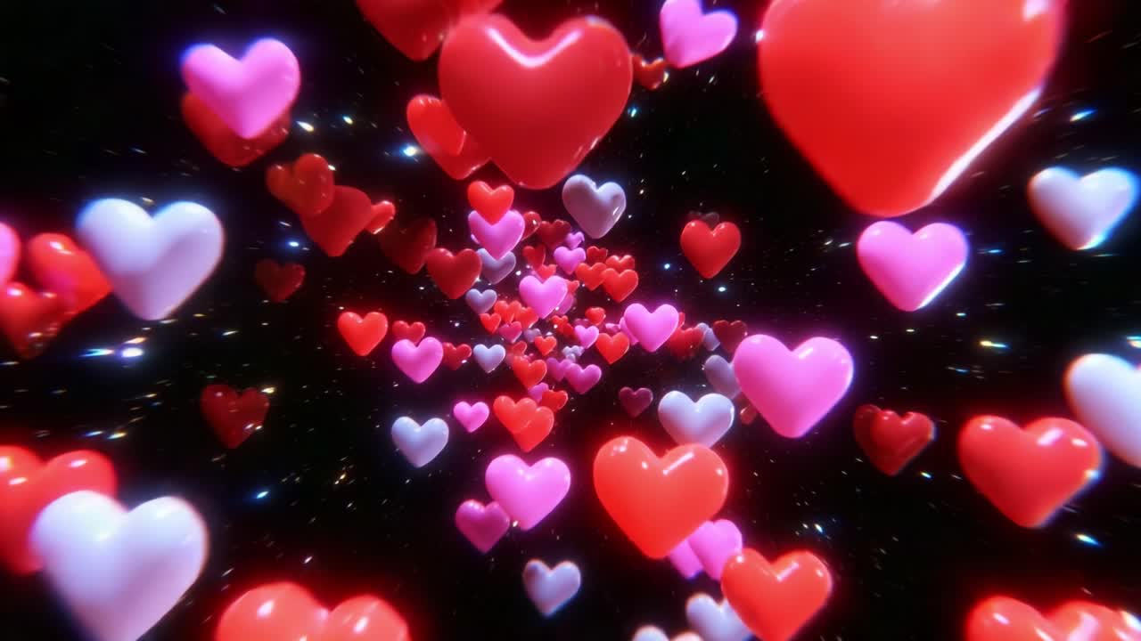 A Mesmerizing Journey Through a Universe of Floating Hearts, Colorful and Vibrant, Creating an Enchanting Visual Experience in a Romantic and Dreamlike Setting, Perfect for Celebration of Love and Affection