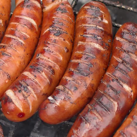 salchichas asadas calientes y sabrosas que se fríen en un video de cámara lenta de barbacoa humeante