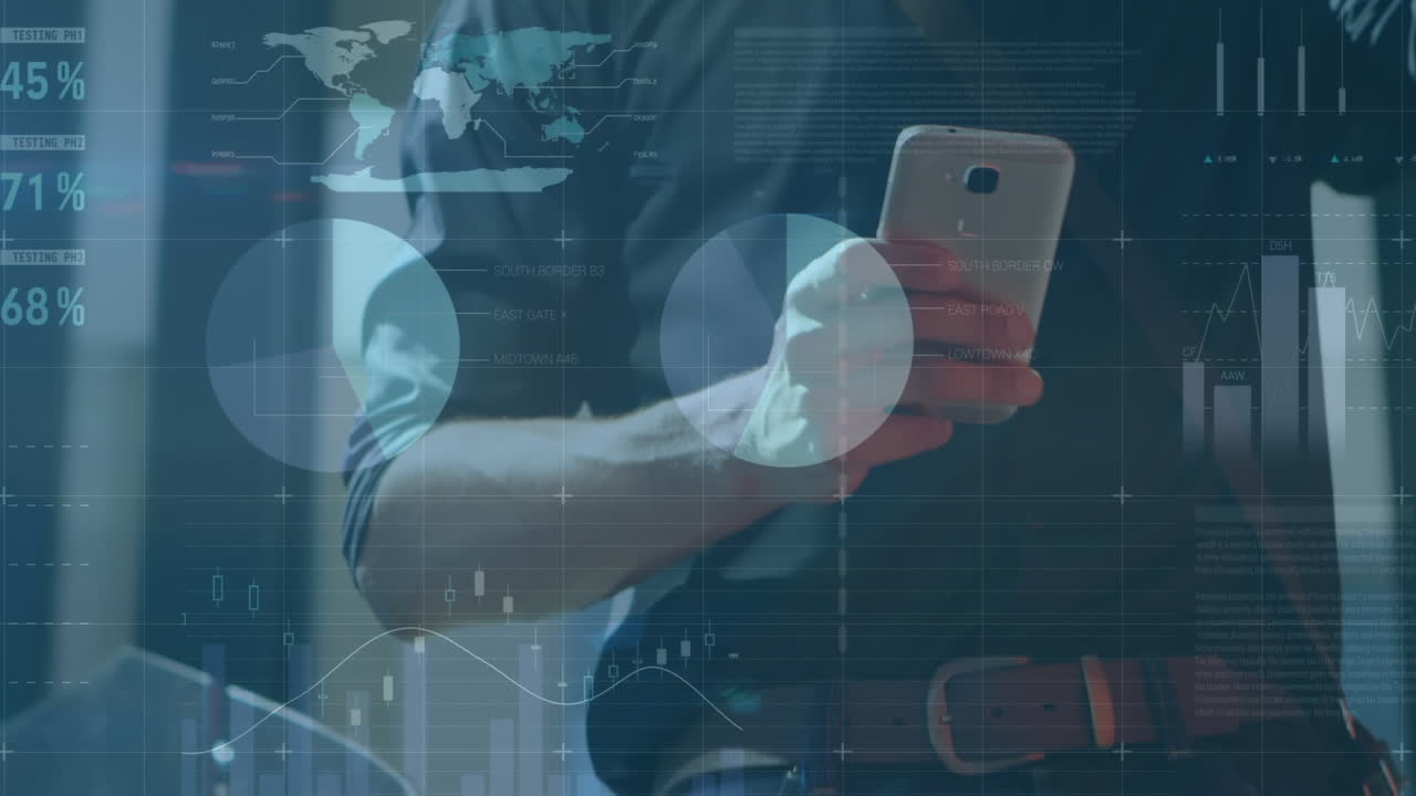 스마트 폰을 사용하는 사업가에 대한 통계 및 데이터 처리 애니메이션