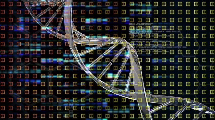 Animation of rotating dna chain over black background with lights