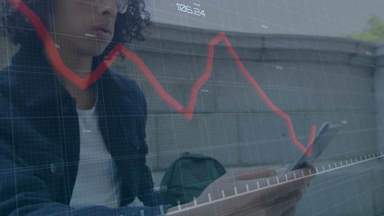 Male student sitting on steps tapping phone, checking finance grid and red chart, glancing right