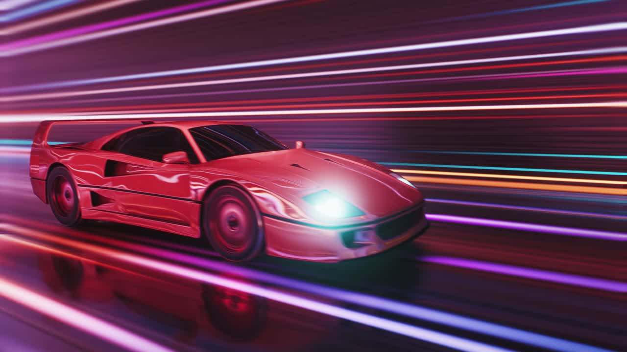 coche deportivo rojo conduciendo en la carretera con un efecto de borrón de movimiento y rayas de luz de neón en el bucle