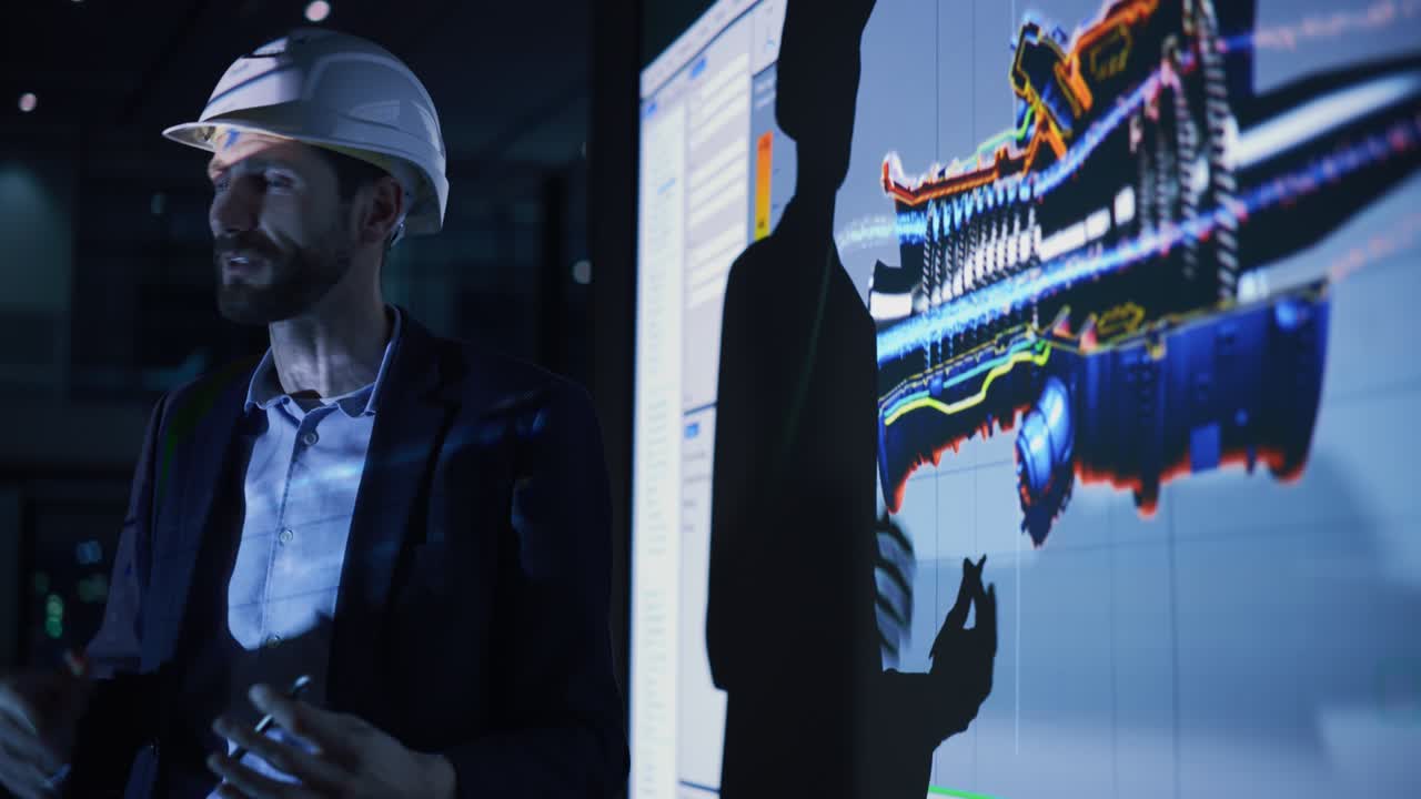 녹색 에너지 기술 컨퍼런스 프레젠테이션: 수석 자동차 엔지니어 지속 가능한 환경 엔진 디자인 투자자 및 사업가에게 스크린은 전기 터빈의 3d 모델을 보여줍니다.