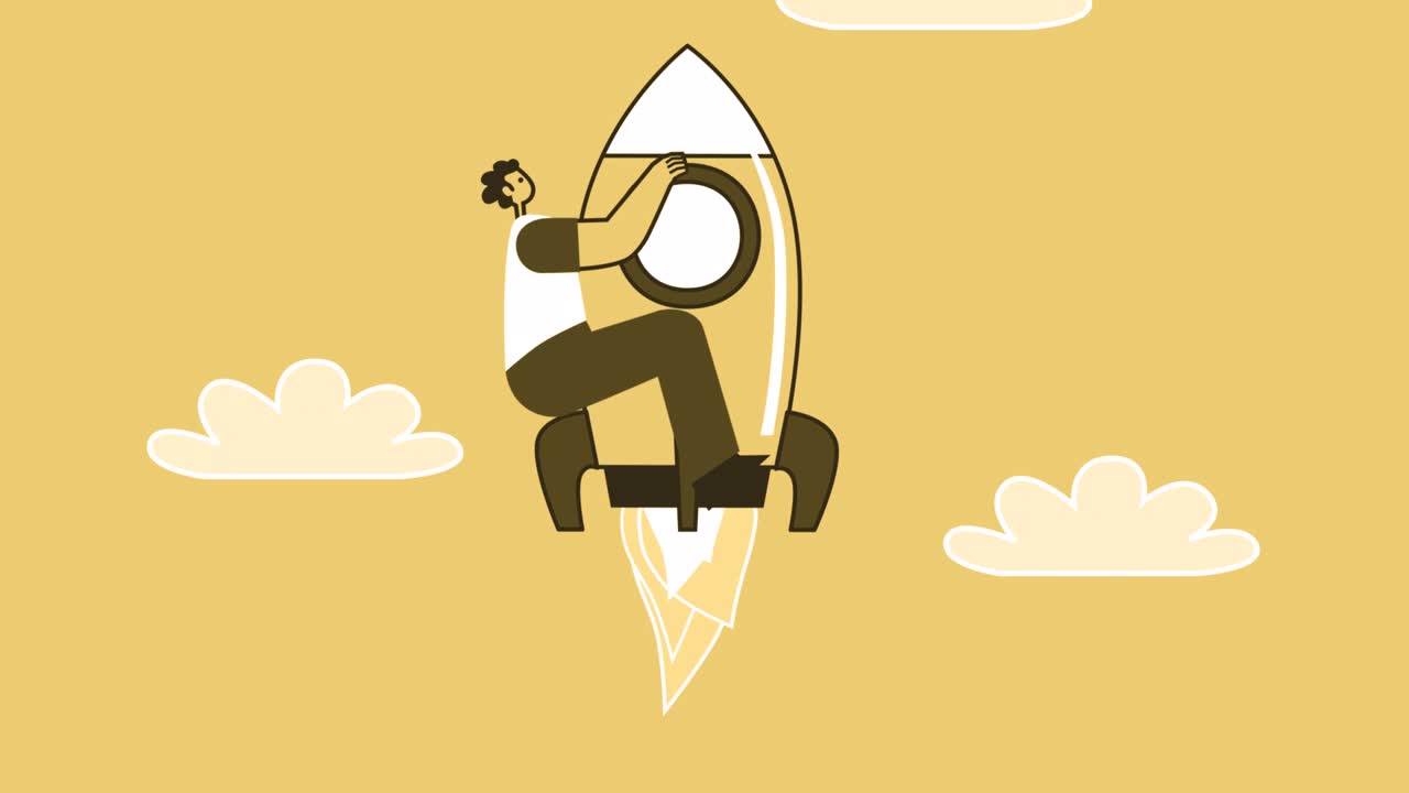 el personaje plano de estilo amarillo vuela fuera del teléfono inteligente en un cohete. animación de bucle aislado con canal alfa