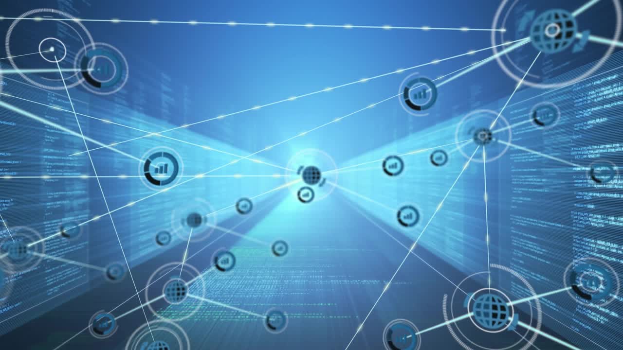 Glowing sphere initiating beams linking icons and forming expanding network toward blue portal