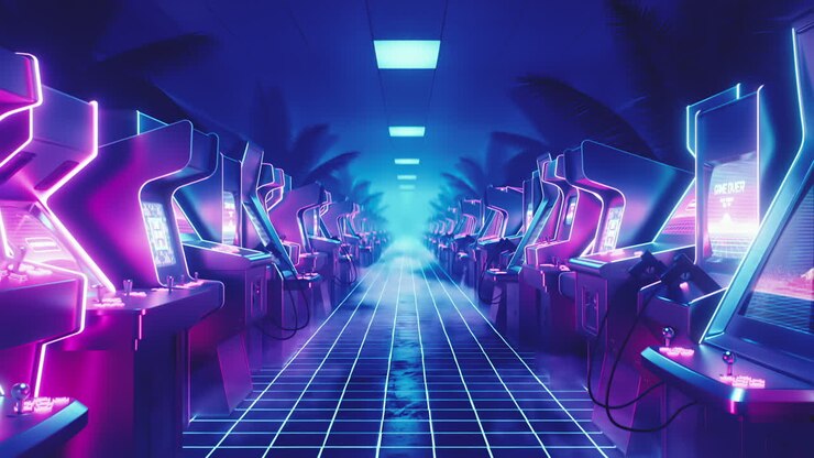 ciclo di corridoio arcade in neon in stile retro wave