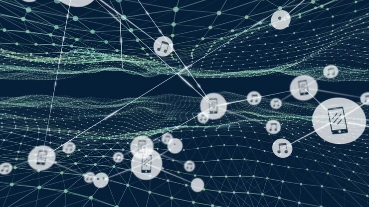 Animation of a glowing green mesh waving in a seamless loop on a black background