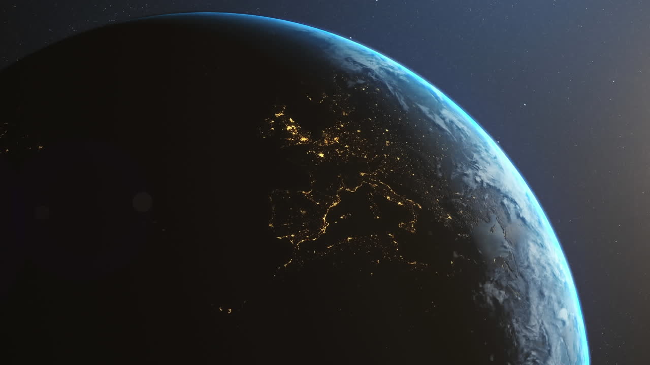 배경에 우주에서 지구 위의 노란색 회로판의 애니메이션