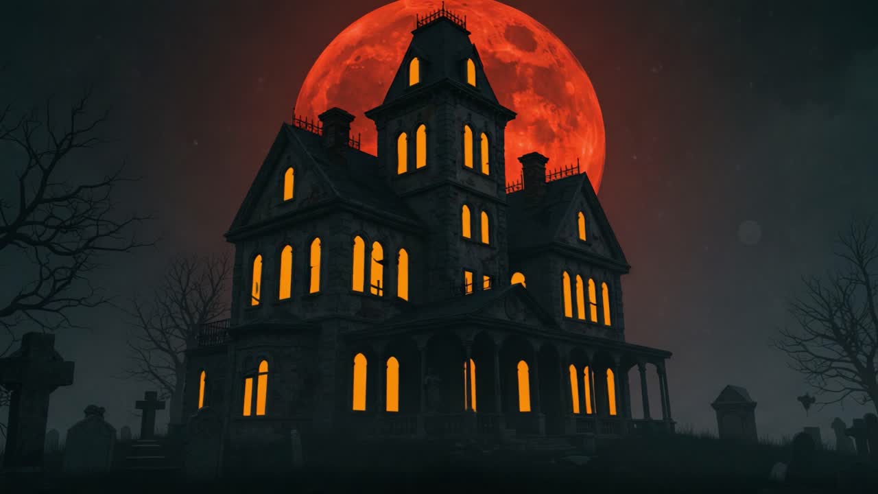 A Hauntingly Beautiful Eerie Manor Under a Blood-Red Moon: A Spooky Spectacle of Dark Atmosphere and Mysterious Shadows Awaits in This Duet of Frames