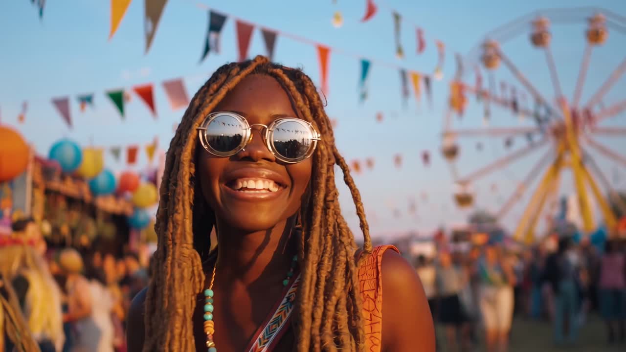 Vivace scena video di un festival, angolazione ravvicinata di una donna sorridente con ruota panoramica sullo sfondo