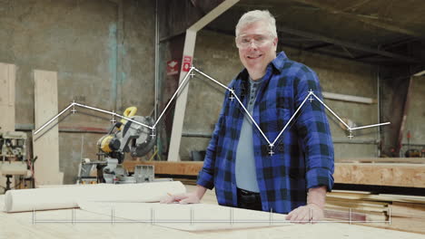 woodworker sketching blueprint on wooden bench, overlaying animated tool icons and workflow charts