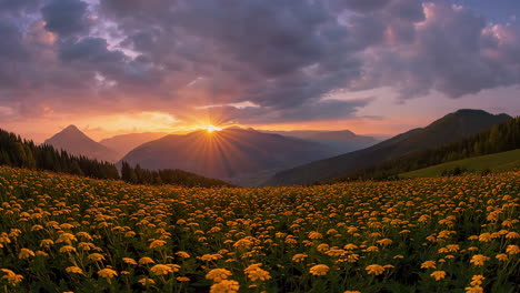 mountain sunset over flower field