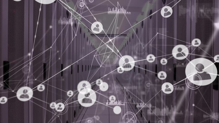 Animation of network of connections with icons and data processing over server room