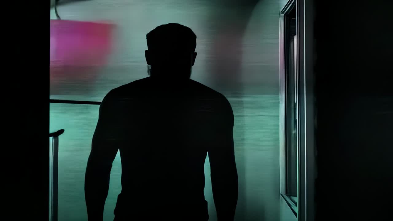 Emerging man silhouette walking from doorway in corridor toward camera, with railing and window