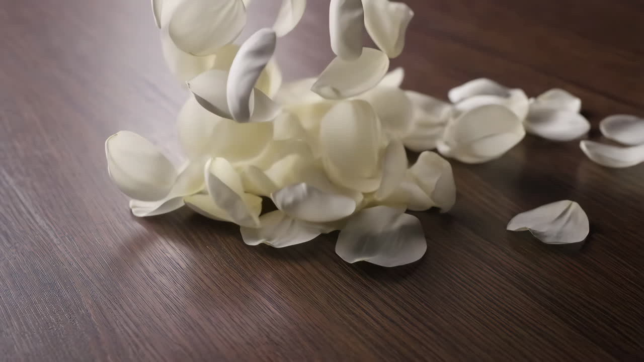White Petals Falling on a Wooden Floor