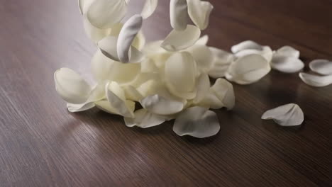white petals falling on a wooden floor