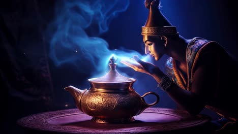 a mystical genie emerges from an enchanted lamp ready to grant wishes in a magical setting