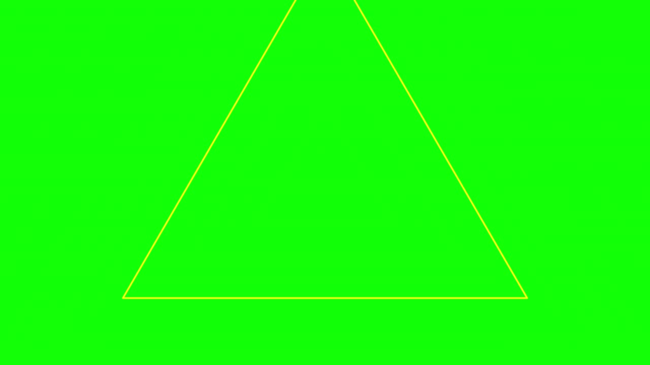 초록색 배경과 여러 개의 움직이는 삼각형, 반복적으로 확대 및 축소