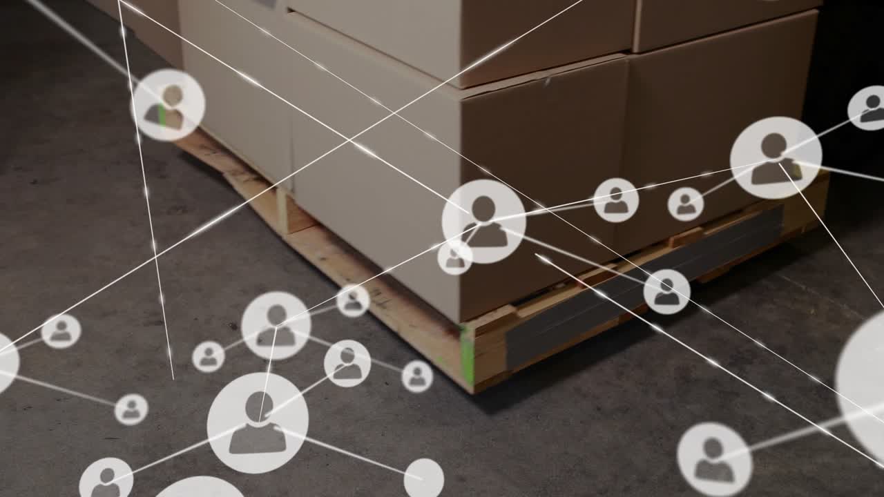 Nodo de usuario inicial apareciendo, generando una red que se expande sobre cajas de palets, mapeando enlaces de suministro