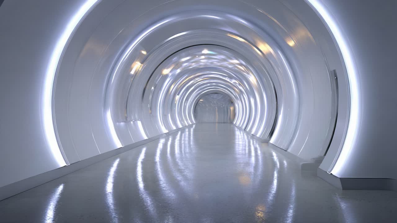 Futuristic tunnel hallway with luminous circular patterns and reflective flooring, creating a surreal atmosphere and captivating visual depth in the space