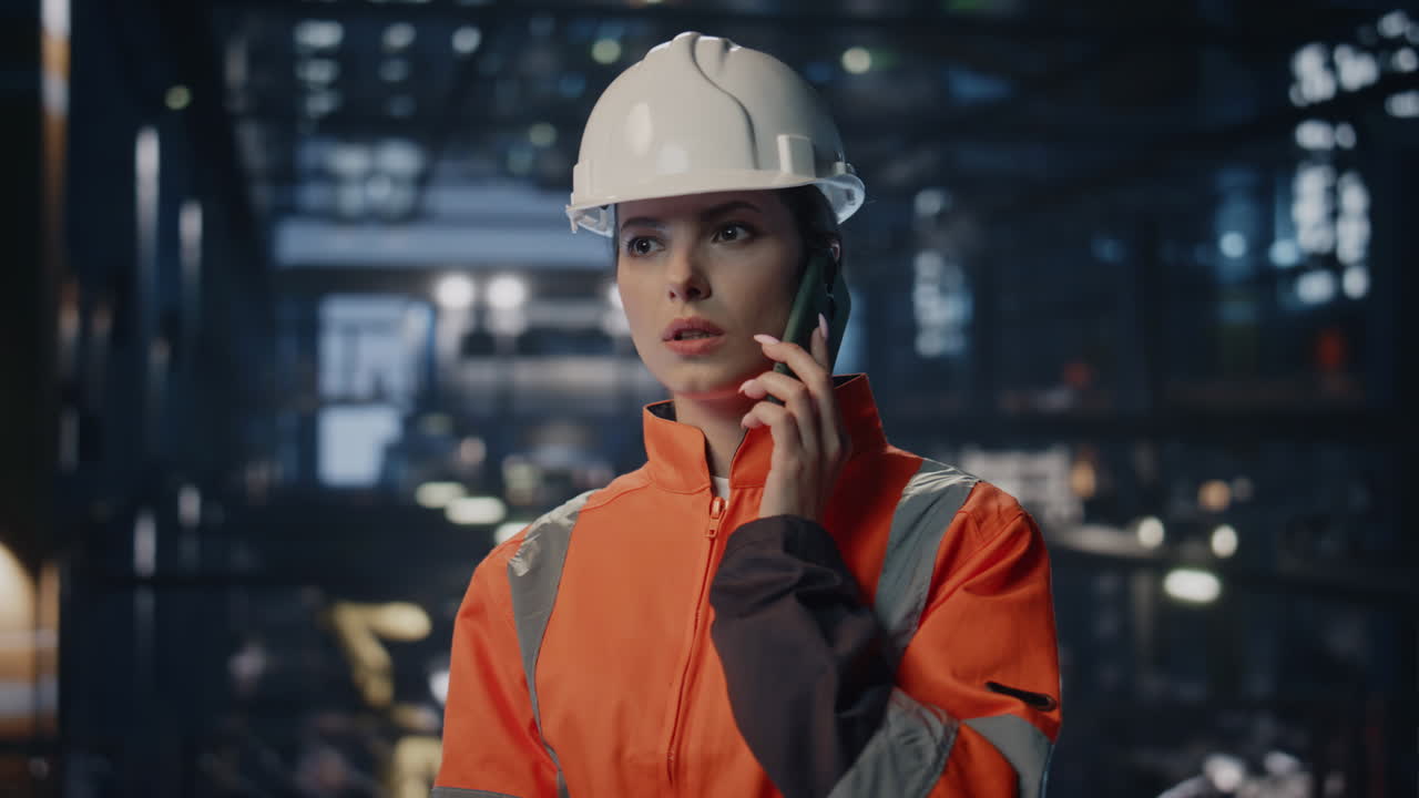 Dipendente dello stabilimento che parla al cellulare in un'officina industriale, primo piano. Ingegnere donna.