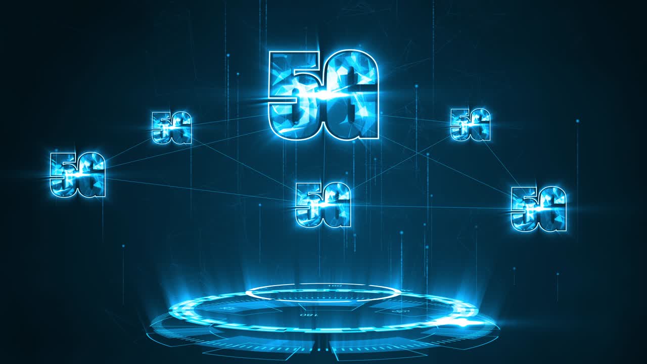 파란색 5g 모션 그래픽: 회전 원 기술과 단어 연결 미래의 추상적인 배경