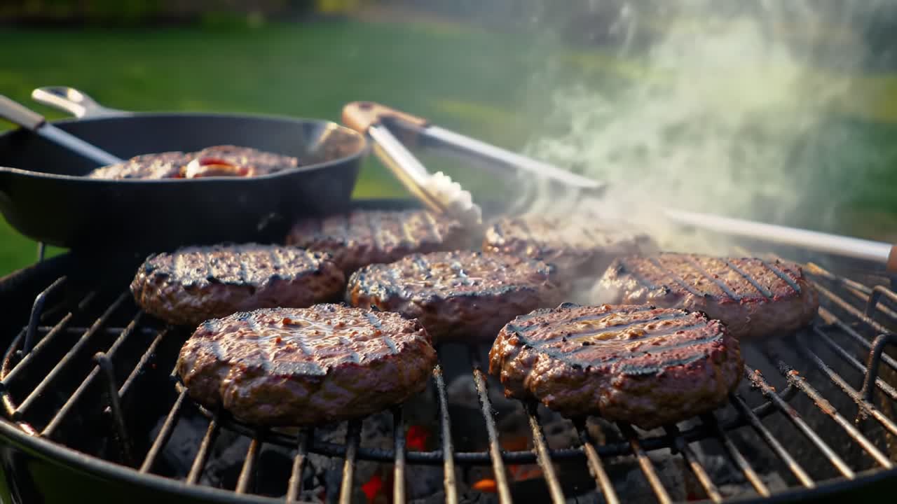 Grilling Perfection: Juicy Burgers Sizzling Over a Charcoal Fire, Reveling in the Rich Aroma of Barbecue as Cooked to Ideal Doneness on a Backyard Grill