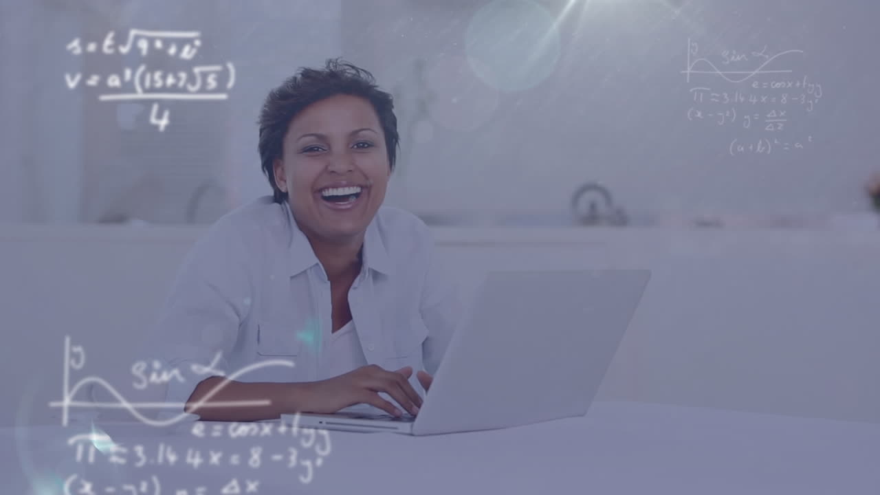 Animation of mathematical equations and light spot over happy biracial woman using a laptop