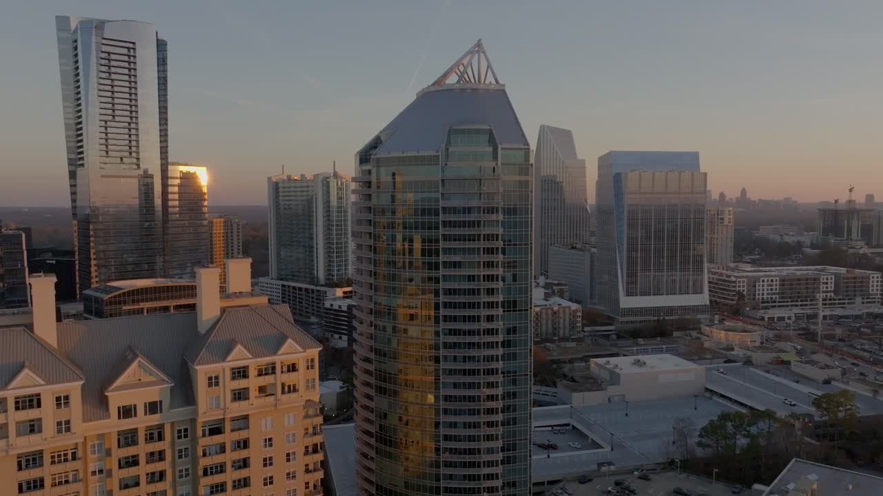 Buckhead mixed use residential towers at sunset, Atlanta cityscape, Georgia, Drone
