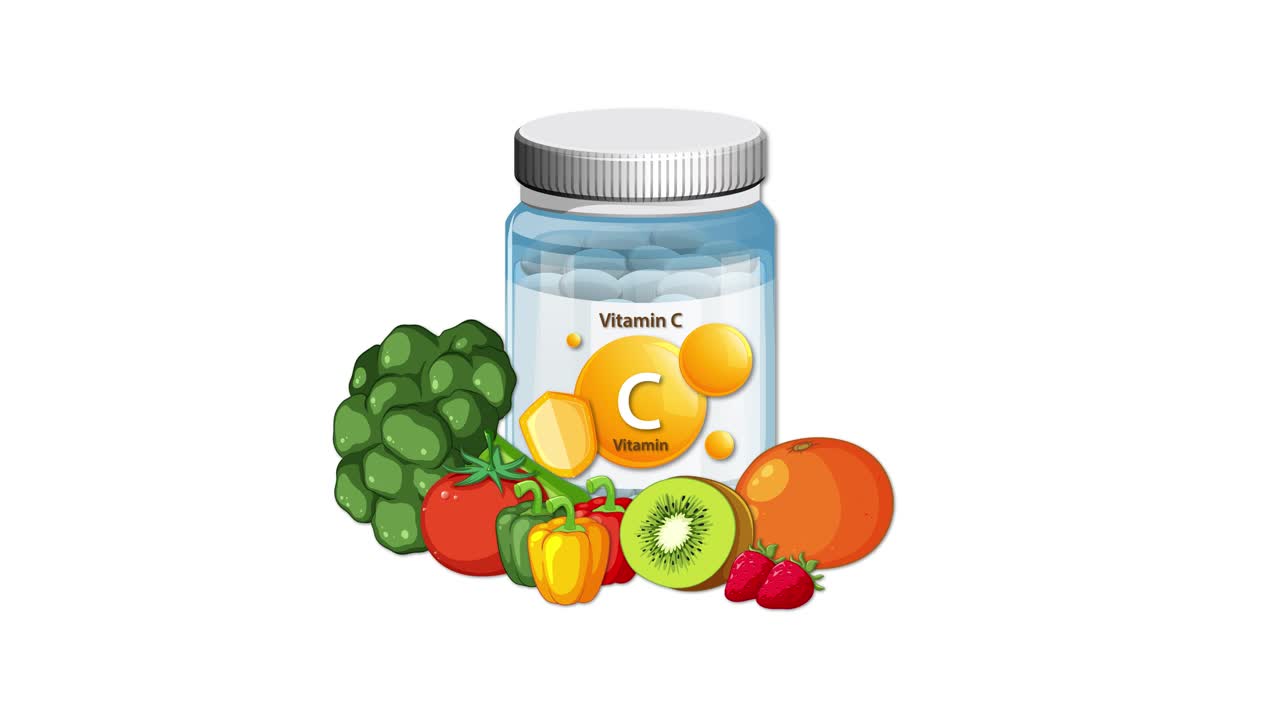 Vitamin C bottle with fruits and vegetables gradually appearing, clean white background, smooth animation