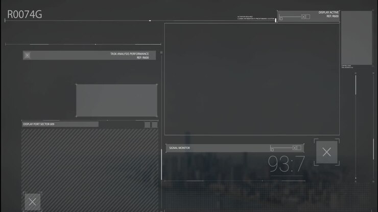 Animation of lines, changing numbers over abstract interface over modern cityscape