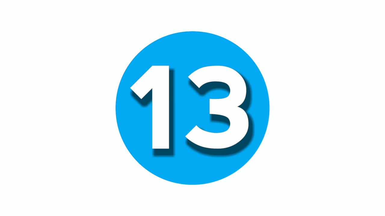 número 13 símbolo de signo animación gráficos de movimiento en círculo azul fondo blanco, número de video de dibujos animados para elementos de video