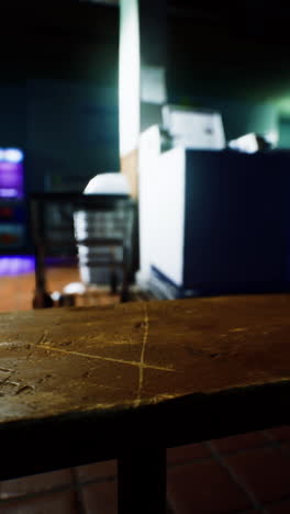 una mesa de madera vacía en un restaurante oscuro