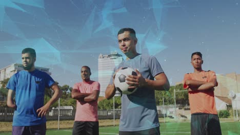 Network-of-connections-against-team-of-male-soccer-players-standing-on-grass-field