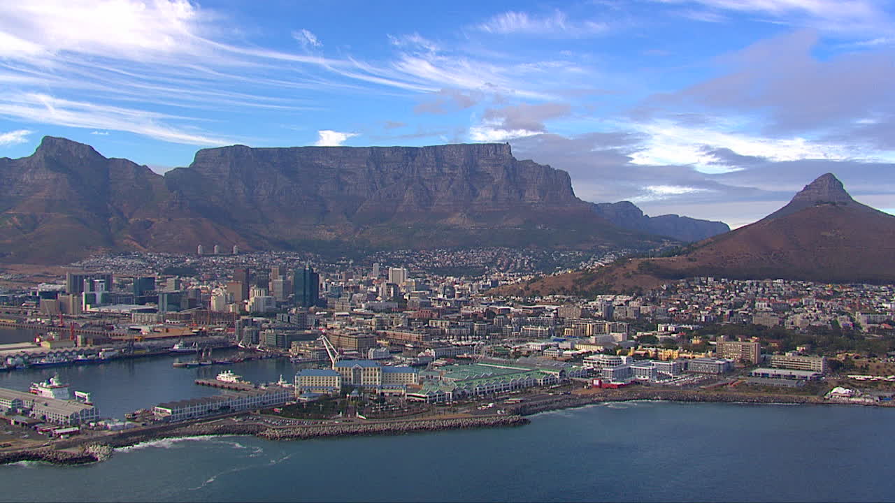 Aerials of Cape Town with Table Mountain in the background