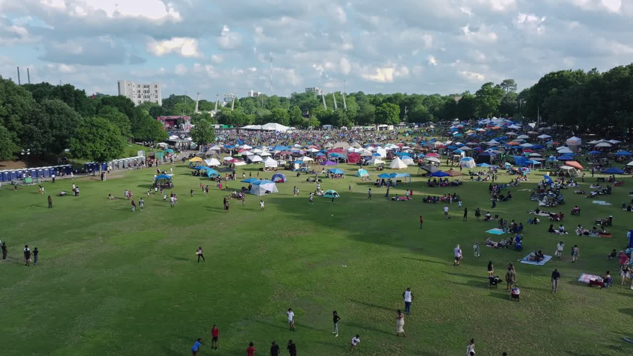 Panoramic View Of Piedmont City Park During Jazz Festival Free Concert In Atlanta, Georgia USA. Aerial Shot