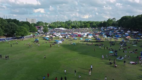 panoramic view of piedmont city park during jazz festival free concert in atlanta, georgia usa. aerial shot