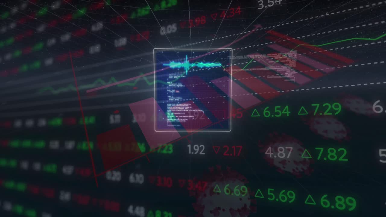 animación del procesamiento de datos en pantalla digital sobre datos financieros