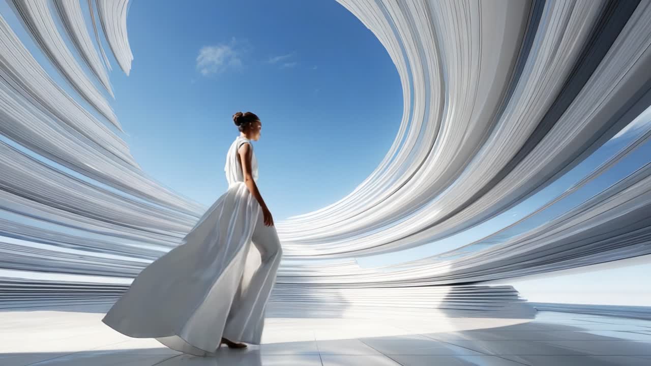A graceful figure in an elegant white dress stands amidst a mesmerizing spiral of flowing fabric and stunning blue sky, embodying beauty and tranquility in a surreal artistic environment