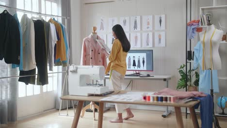 asian female designer with sewing machine looking at the picture in hand, thinking and walking around while designing clothes in the studio