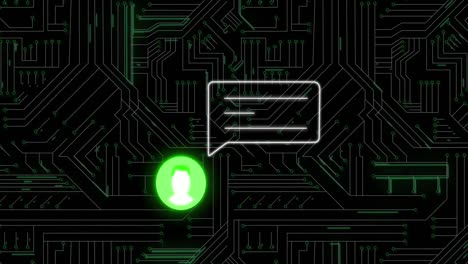 animación de circuito integrado y alerta de redes sociales con icono de usuario sobre fondo negro