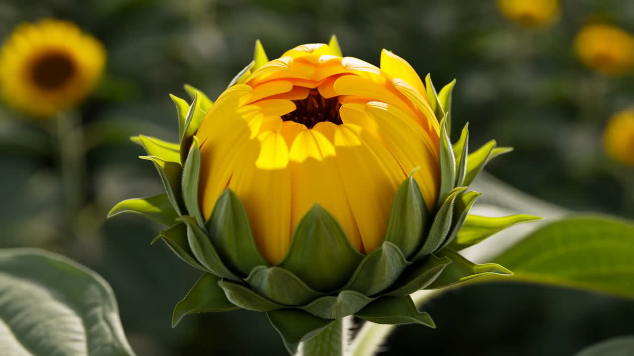 Close-up of a Young Sunflower Bud Beginning to Open