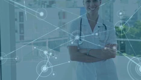 animación de la red de conexiones con la ciudad digital a través de la doctora caucásica.